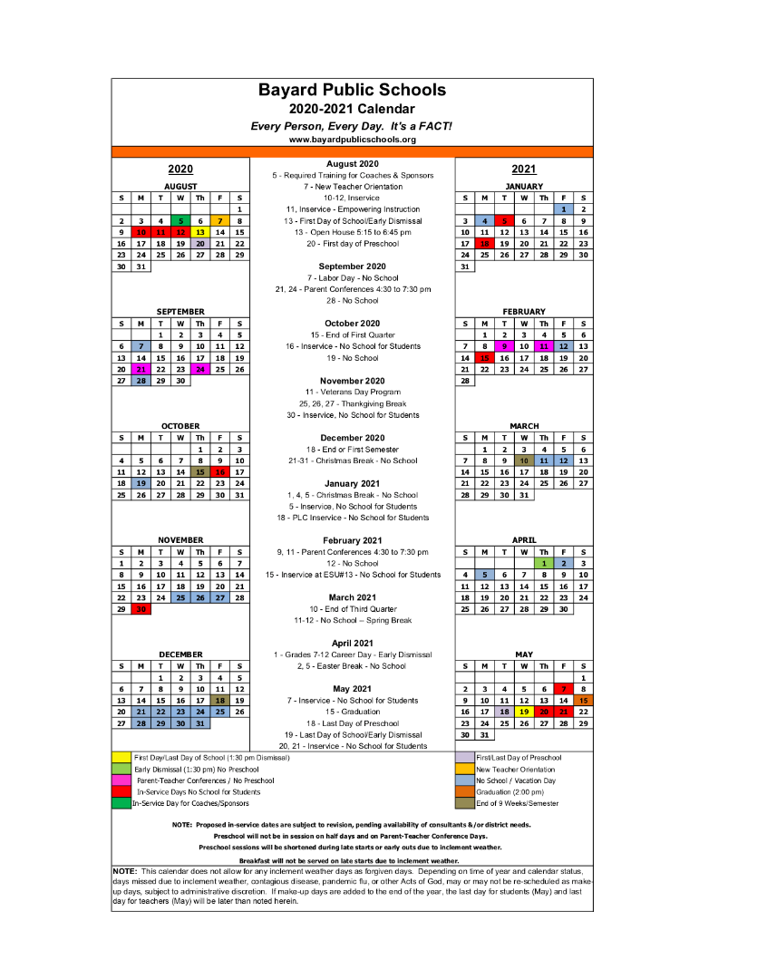 BAYARD SCHOOLS - 2020-2021 School Calendar